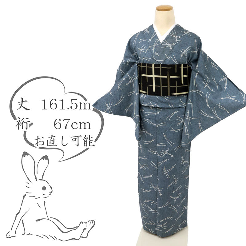 【中古】浴衣 綿紬 シンプルこぼれ松葉 灰青 カジュアル 木綿 身丈161.5cm 裄丈67cm 夏着物 UH8-13