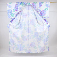 画像をギャラリービューアに読み込む, 【新品】洗える 浴衣 長尺 あじさいの花模様 白 化繊 ポリエステル 身丈170.5cm 裄丈67cm 化繊着物 US5-3
