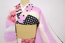 画像をギャラリービューアに読み込む, 【中古】長尺 ブランド浴衣『ツモリチサト』横段柄 カジュアル ピンク系 身丈167cm 裄丈67.5cm 木綿着物 US7-14
