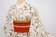 画像をギャラリービューアに読み込む, 【中古】長尺 綿紅梅浴衣 榎本謹製 彩りの花唐草 クリーム色 身丈163cm 裄丈69cm 木綿着物 UY9-1
