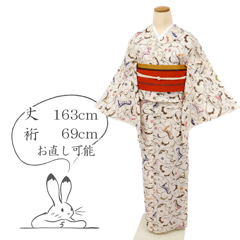 【中古】長尺 綿紅梅浴衣 榎本謹製 彩りの花唐草 クリーム色 身丈163cm 裄丈69cm 木綿着物 UY9-1