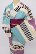 画像をギャラリービューアに読み込む, 【中古】長尺 ブランド浴衣『ツモリチサト』格子横段かすれ 多色 身丈166.5cm 裄丈70.5cm 木綿着物 UY9-3
