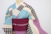 画像をギャラリービューアに読み込む, 【中古】長尺 ブランド浴衣『ツモリチサト』格子横段かすれ 多色 身丈166.5cm 裄丈70.5cm 木綿着物 UY9-3
