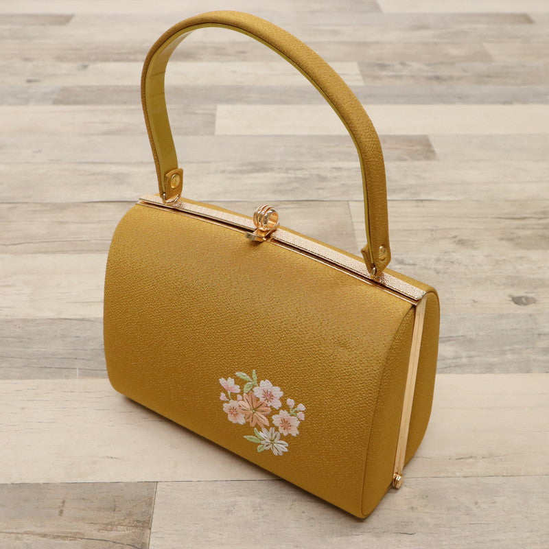 【中古】和装バッグ 刺繍 桜の花丸文様 山吹色 ちりめん地 着物に合わせ Z1-6